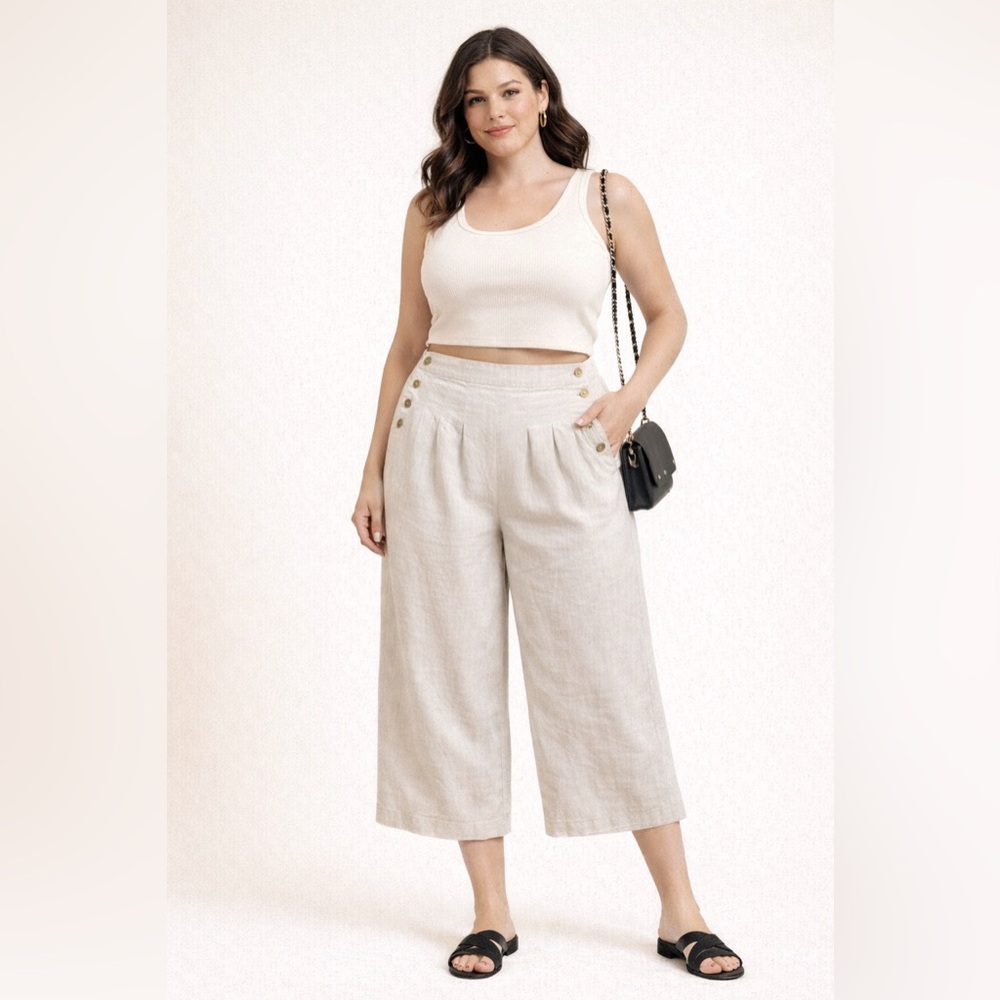 Rewash brand Size M Linen Wide Leg Capri Sailor Button Pants Raw Waist Y2K